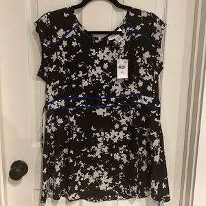 Black & white flower blouse with blue trim - maternity